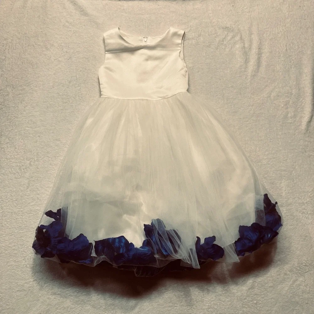 Girls White Satin Tulle Dress SZ 4 Blue Petals Sleeveless Zip Flower Girl Party - Picture 3 of 11